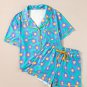Green Flower Print Short Sleeve Shirt Pajamas Set