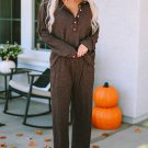 Brown Ribbed Knit Collared Henley Top and Pants Lounge Outfit