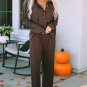 Brown Ribbed Knit Collared Henley Top and Pants Lounge Outfit
