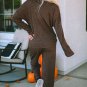 Brown Ribbed Knit Collared Henley Top and Pants Lounge Outfit