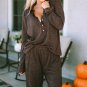 Brown Ribbed Knit Collared Henley Top and Pants Lounge Outfit