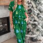 Green Christmas Tree Print V Neck Tee and Pants Lounge Set