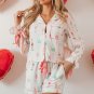 White Christmas Wine Glass Print Bow Knot Two Piece Pajama Set