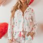 White Christmas Wine Glass Print Bow Knot Two Piece Pajama Set