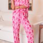 Pink Bow Knot Print Lapel Collar Short Sleeve and Pants Pajamas Set