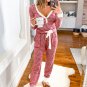 Red Stripe Buttoned V Neck Top and Knotted Waist Pants Lounge Set