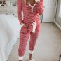 Red Stripe Buttoned V Neck Top and Knotted Waist Pants Lounge Set