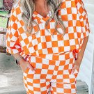 Orange Checkerboard Print V Neck Loose Tee and Shorts Lounge Set