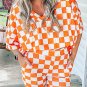 Orange Checkerboard Print V Neck Loose Tee and Shorts Lounge Set