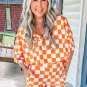 Orange Checkerboard Print V Neck Loose Tee and Shorts Lounge Set