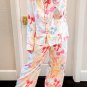 White Bow Knot Print Lapel Collar Wide Leg Satin Pajama Set