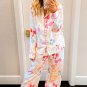 White Bow Knot Print Lapel Collar Wide Leg Satin Pajama Set