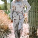Gray Cowgirl Boots Printed Long Sleeve Top Pants Lounge Set