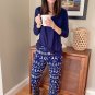 Blue Solid Top and Christmas Pants Two Piece Lounge Set
