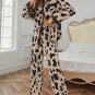 Khaki Cheetah Contrast Trim Loose Fit Two Piece Sleepwear