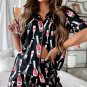 Black Champagne Print Silky Short Sleeve Pajamas Set