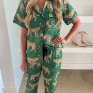 Green Cheetah Print Short Sleeve Shirt and Pants Pajama Set