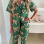 Green Cheetah Print Short Sleeve Shirt and Pants Pajama Set