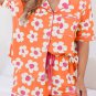 Orange Flower Print Short Sleeve Shirt Pajamas Set