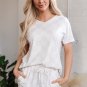 Beige Checkered V Neck Tee Drawstring Shorts Lounge Set