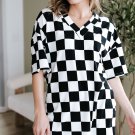 Black Checkerboard Print V Neck Loose Tee and Shorts Lounge Set
