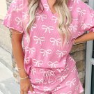 Pink Waffle Knit Bowknot Printed V Neck T Shirt and Shorts Set
