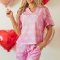 Pink Waffle Knit Bowknot Printed V Neck T Shirt and Shorts Set