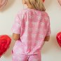 Pink Waffle Knit Bowknot Printed V Neck T Shirt and Shorts Set