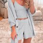 Grey 3 Pieces Rib Crop Camisole Matching Shorts Lounge Set with Cardigan