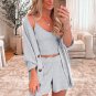 Grey 3 Pieces Rib Crop Camisole Matching Shorts Lounge Set with Cardigan