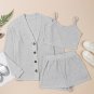 Grey 3 Pieces Rib Crop Camisole Matching Shorts Lounge Set with Cardigan