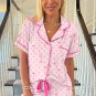 Pink Bow Print Contrast Pipping Short Pajamas Set