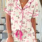Beige Bow Fruit Print Contrast Pipping Short Pajamas Set