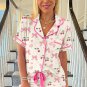 Beige Bow Fruit Print Contrast Pipping Short Pajamas Set