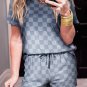Gray Checkered V Neck Tee Drawstring Shorts Lounge Set
