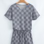 Gray Checkered V Neck Tee Drawstring Shorts Lounge Set
