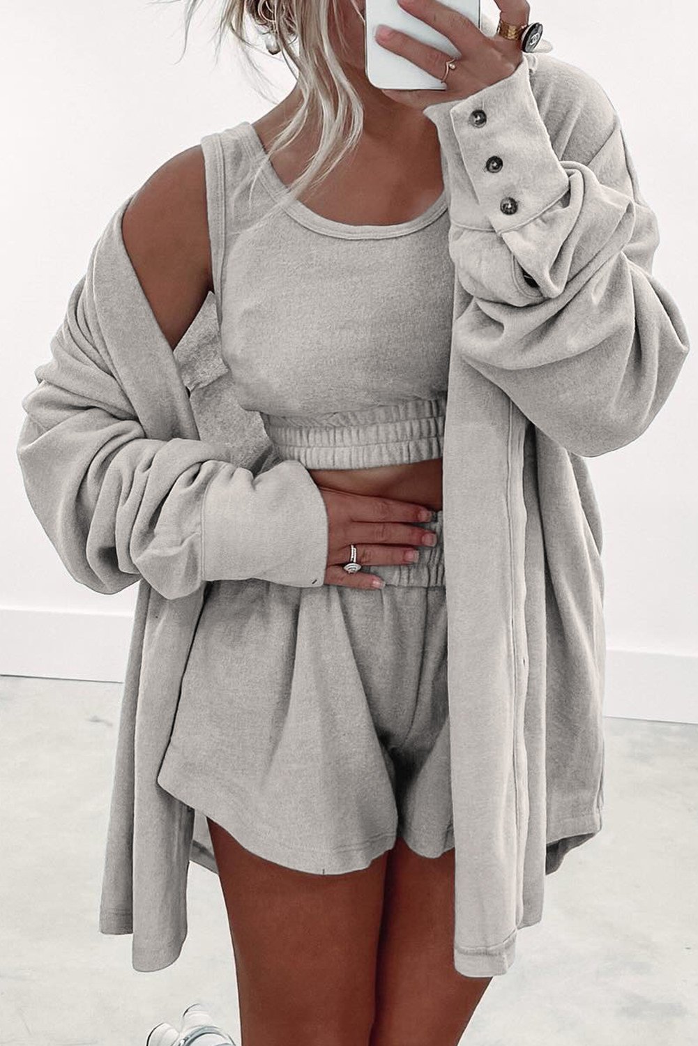 Gray 3 Pcs Crop Tank Top Shorts with Cardigan Lounge Set
