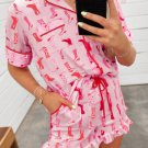 Pink Western Cowgirl Boots Printed Shirt Ruffled Shorts Pajama Set