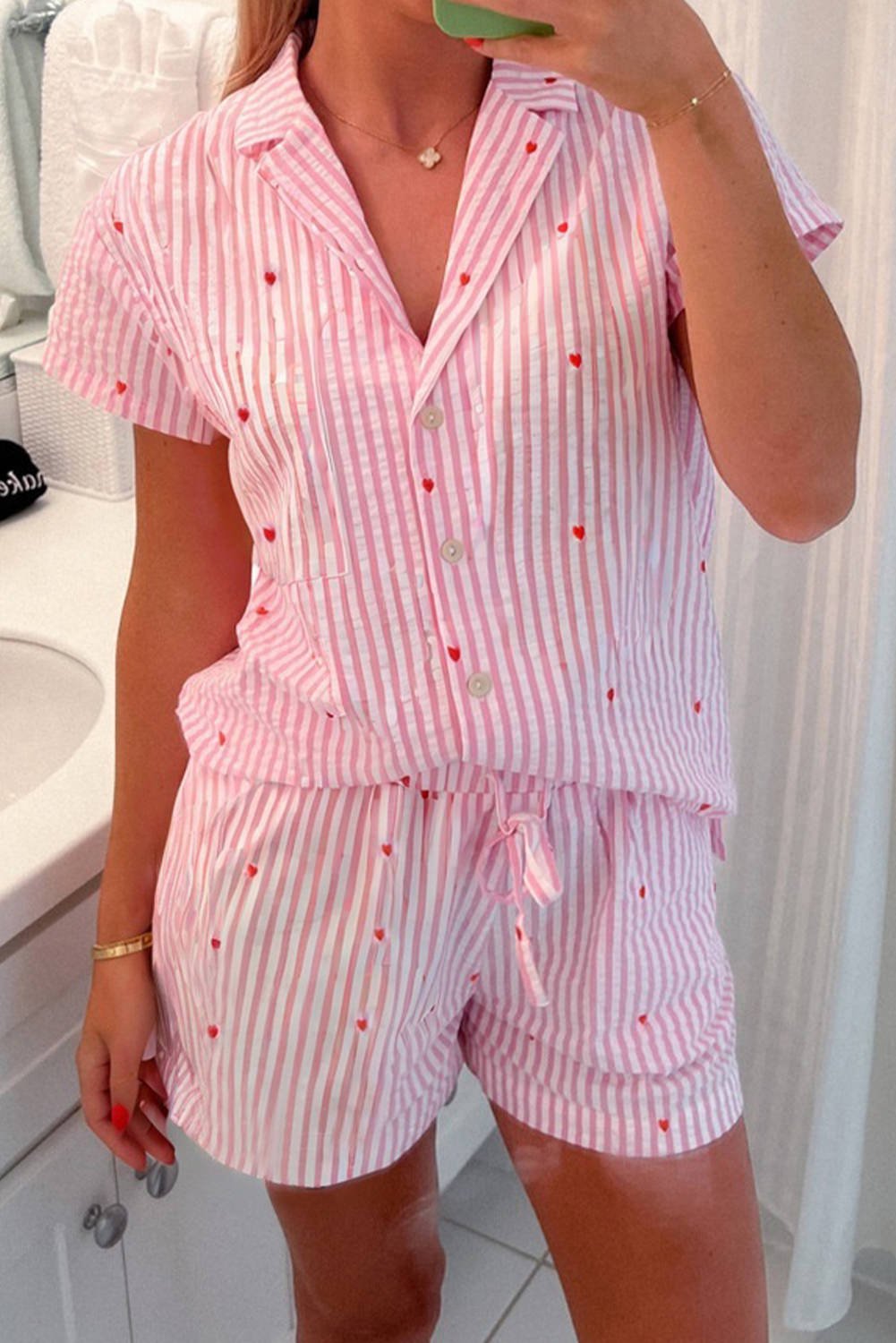 Pink Striped Tiny Hearts Lapel Collar Shirt Style Short 2pcs Pajama Set