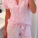 Pink Striped Tiny Hearts Lapel Collar Shirt Style Short 2pcs Pajama Set