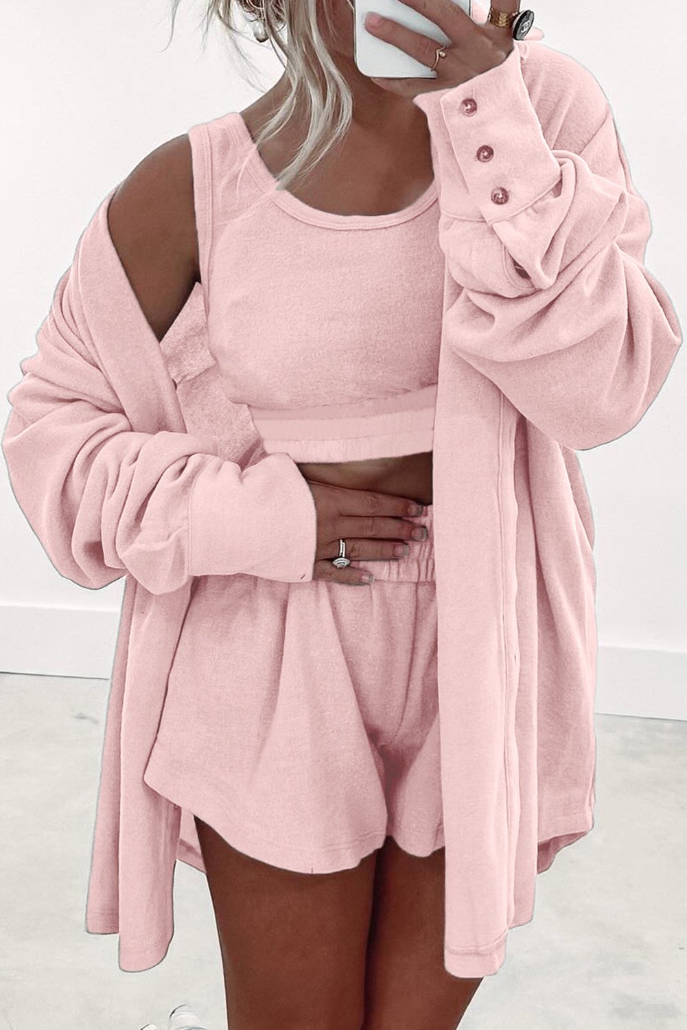 Light Pink 3 Pcs Crop Tank Top Shorts with Cardigan Lounge Set