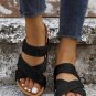 Black Linen Woven Cross Criss Hollowed Slip-On Slippers