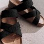 Black Linen Woven Cross Criss Hollowed Slip-On Slippers