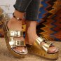 Gold Leathered Stud Dual Buckle Platform Slippers