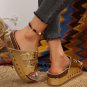 Gold Leathered Stud Dual Buckle Platform Slippers