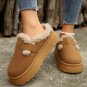 Brown Plush Patched Buckle Decor Thick Sole Thermal Slippers