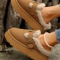 Brown Plush Patched Buckle Decor Thick Sole Thermal Slippers