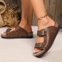 Chestnut Suede Textured Buckle Straps Beach Slippers