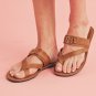 Chestnut Cross Toe Metal Buckle Leathered Flat Slippers