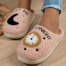 Light Pink Moon and Clock Pattern Fuzzy Home Slippers
